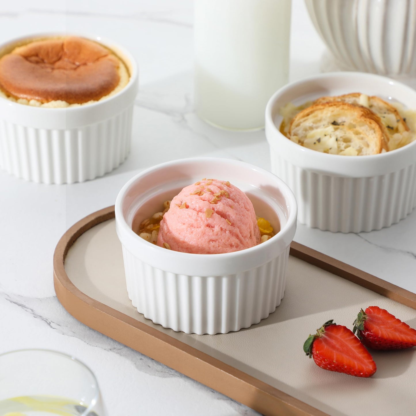 MALACASA Ramekins 10 oz Oven Safe, Porcelain Creme Brulee Ramekins Pudding Custard Cups Large Ceramic Souffle Dishes Ramakan Ramiken Ramicans Baking Bowls Set of 6, White, Series RAMEKIN-DISH
