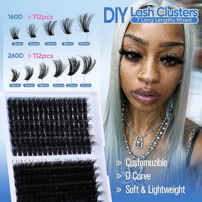 CORUSCATE Lash Clusters 160D+260D Eyelash Clusters 12-24mm Long Lash Extension Thick Cluster Eyelash Extensions Volume Strip Mink Lashes Cluster Dramatic Full Salon Look Mega Eyelashes