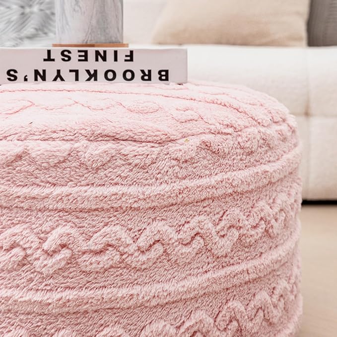 Pouf Ottoman Stuffed 20x20x12 Inches Floor Pouf Plush Fiber Ottoman Foot Rest Under Desk Foot Stool for Living Room Bedroom (Pink)