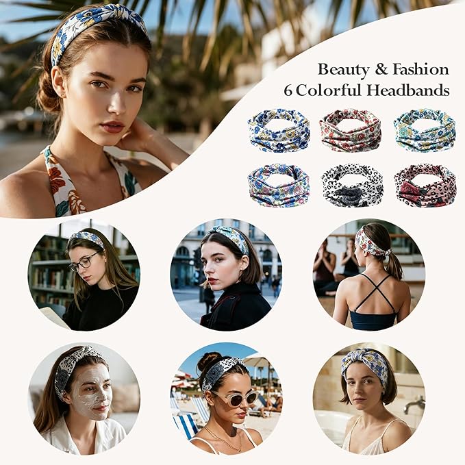 HSEM Boho Headbands for Women 6-Pack – Non-Slip Wide Head Bands, Thick Elastic Hair Bands – Large Knotted Soft Stretchy Sweatbands for Running, Yoga, Makeup, Washing Face, Spa & Workout