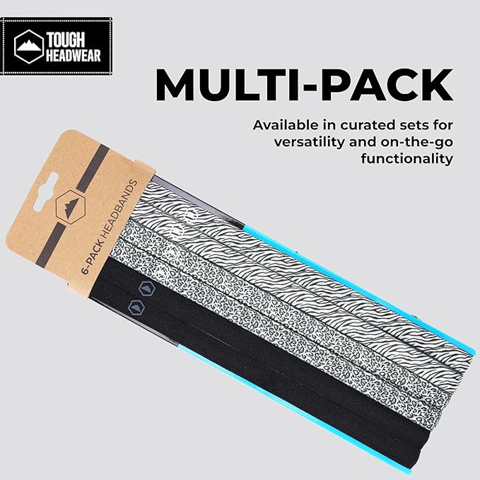 Tough Headwear Thin Elastic Headbands - Sports Hair Head Band for Women & Men - Non Slip Mens Workout Headband - 6-Pack