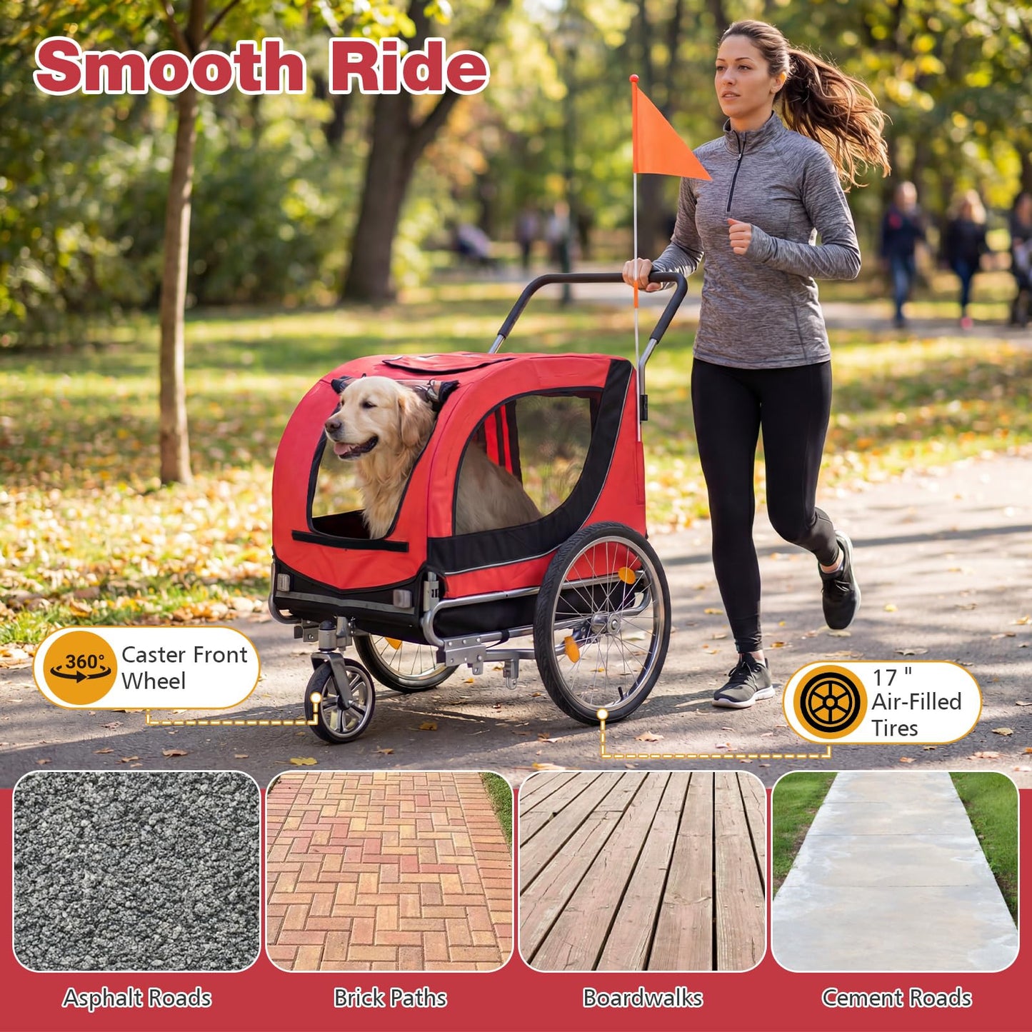 Giantex 2-in-1 Dog Bike Trailer & Pet Stroller for Large Dogs – Foldable Pet Carrier Cart with Front Caster & 2 Air-Filled Tires, Breathable Mesh, PVC Rain Cover, 176 lbs Capacity (Red)