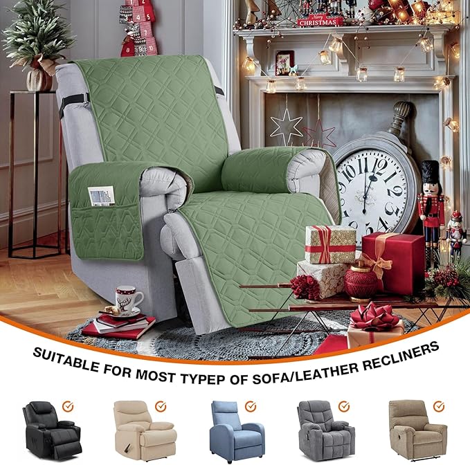 VANSOFY 100% Waterproof Recliner Chair Covers, Recliner Cover Non-Slip Dog Chair Cover Furniture Protector Washable Slipcover with Pocket, Elastic Straps for Pets, Dogs(Bean Green, 23.6")