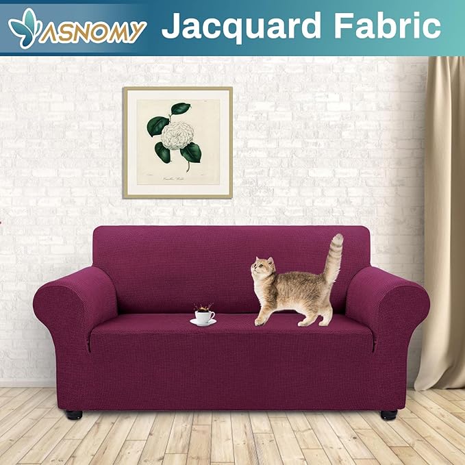 Asnomy Sofa Covers for 2 Cushion Couch Stretch loveseat Covers Slipcovers, Pet Protector Furniture Covers for Dogs Cats Spandex Jacquard Fabric Small Checks （Medium，Wine Red）