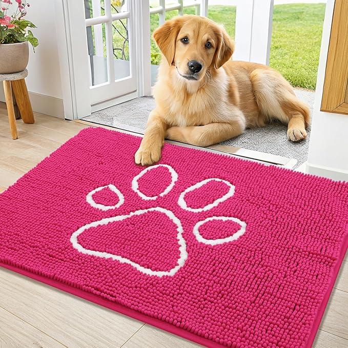 Smiry Dog Door Mat for Muddy Paws, Absorbent Dirt Trapper Non Slip Quick Dry Washable Chenille Mat for Mud Dogs, Entry Rug for Indoor and Outdoor (36x24 Inches, Hot Pink and White)