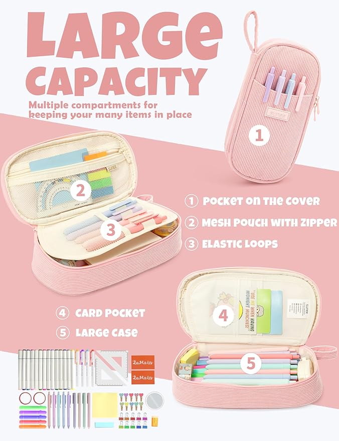 SUNEE Cute Pencil Case, Large Pencil Pouch, Aesthetic Big Pencil Bag with Zipper, Kawaii Stationery Storage and Organizer, Soft Corduroy Bag School Supplies for Teen and Adult, Boys&Girls, Soft Pink