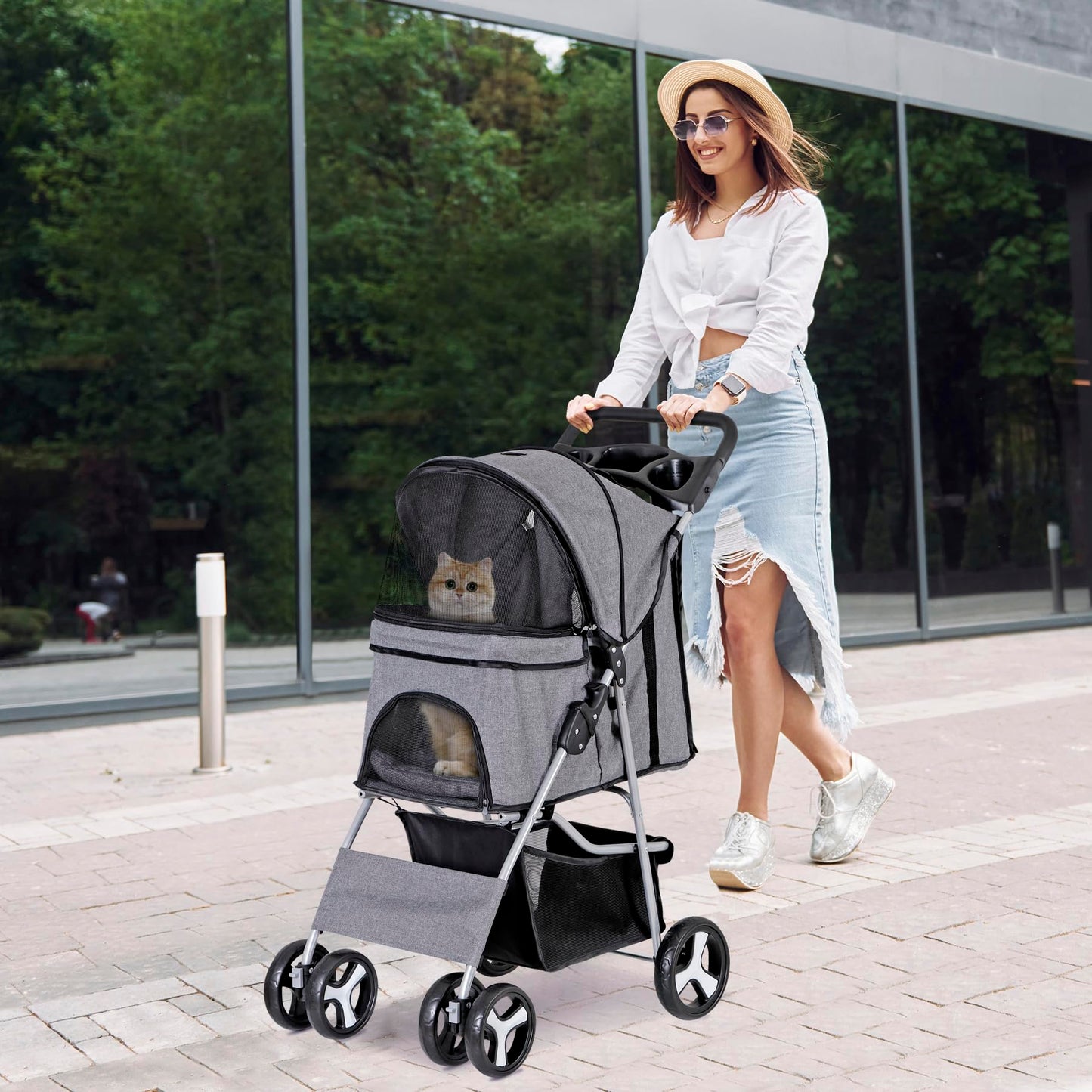 LEMY Pet Stroller, 4 Wheels Dog Cat Stroller with Storage Basket&Cup Holder,Grey Folding Dog Cat Cage Jogger Strollers for Small Medium Dogs Cats Travel