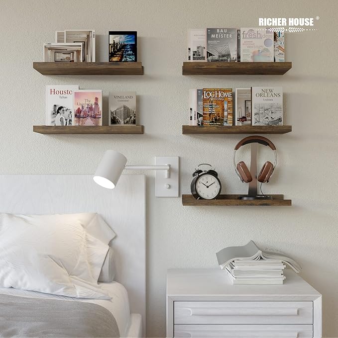 RICHER HOUSE 5 Set Floating Shelves for Wall Decor, Wall Mounted Book Shelf, Nursery Shelves Picture Ledge Shelf with Lip for Storage, Bedroom, Living Room, Bathroom - Brown