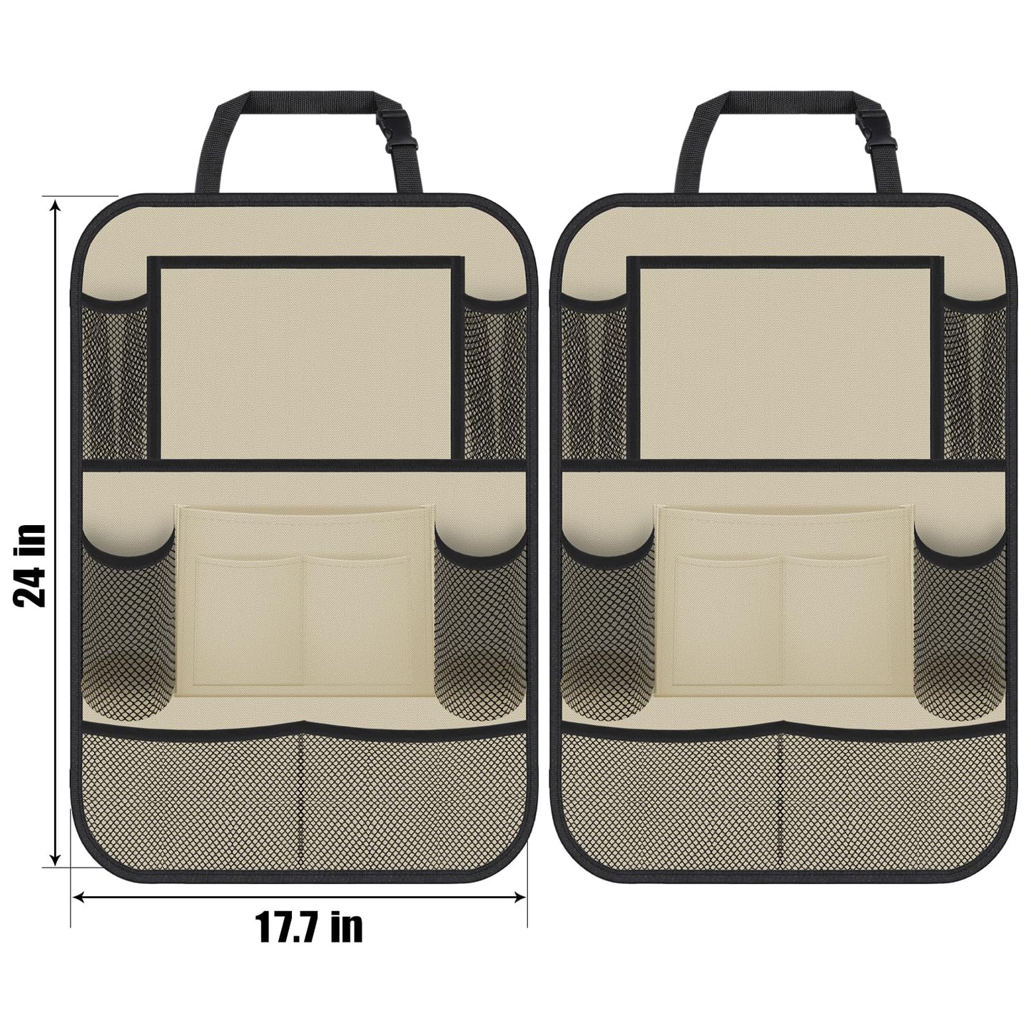 ULEEKA Car Backseat Organizer with 11" Table Holder, 10 Storage Pockets Seat Back Protectors Kick Mats for Kids Toddlers, Travel Accessories, 2 Pack, Beige
