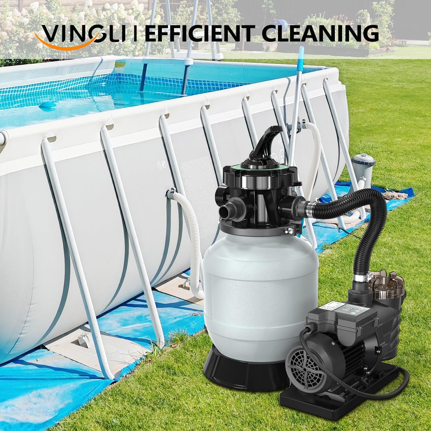 (24H Timer) VINGLI 10 in Sand Filter Pump with Filter Balls, 1189 GPH 1/3 HP High Flow Pool Pump with 7-Way Valve for Above Ground Swimming Pools Up to 6600 Gallons