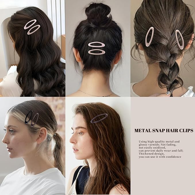 20PCS Oval Metal Snap Clips for Women No Slip Small Barrettes for Thin Fine Hair,Black Brown Beige
