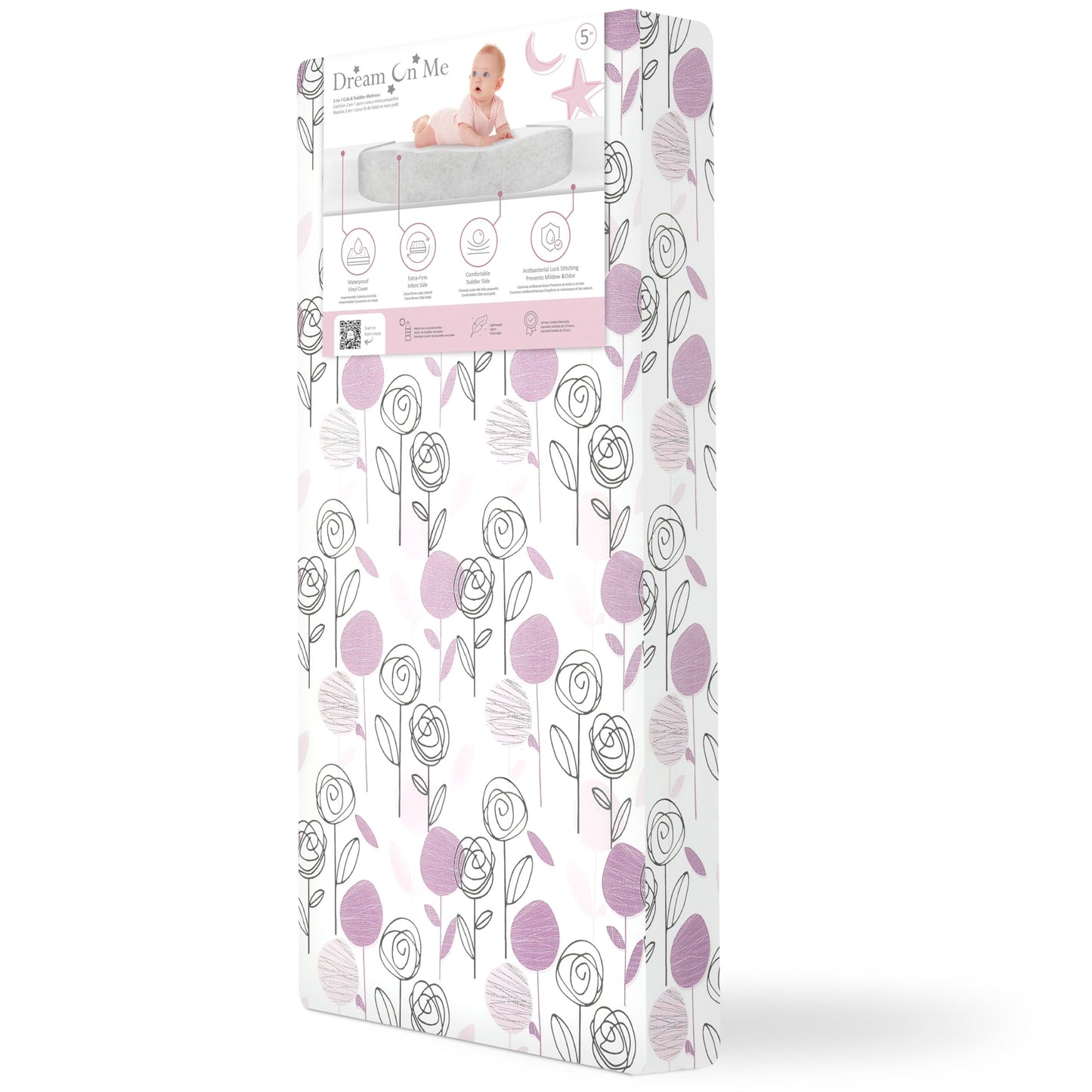 Dream On Me Floral Dreams 5” Firm Fiber Crib & Toddler Mattress (52" L x 28" W), 2-in-1 Dual-Sided Infant & Toddler Support, Waterproof & Stain Resistant, GREENGUARD Gold & BSA Certified - Rose Pink