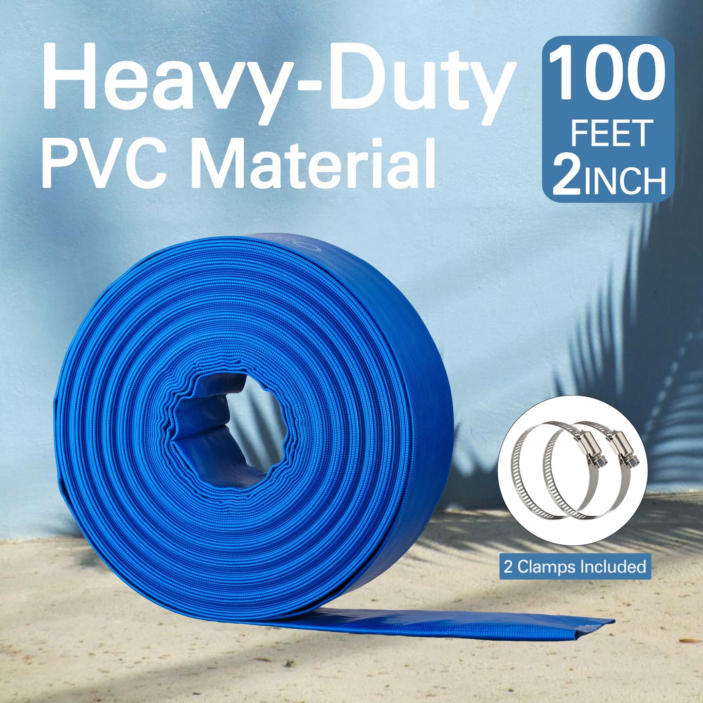 OasisTrim 2" x 100FT Pool Backwash Hose, Heavy-Duty Pool Hose, Lay Flat Discharge Hose, Durable Burst Resistant, Pool Filter Pump Water Drainage, Sump Pump Discharge, with 2 Clamps