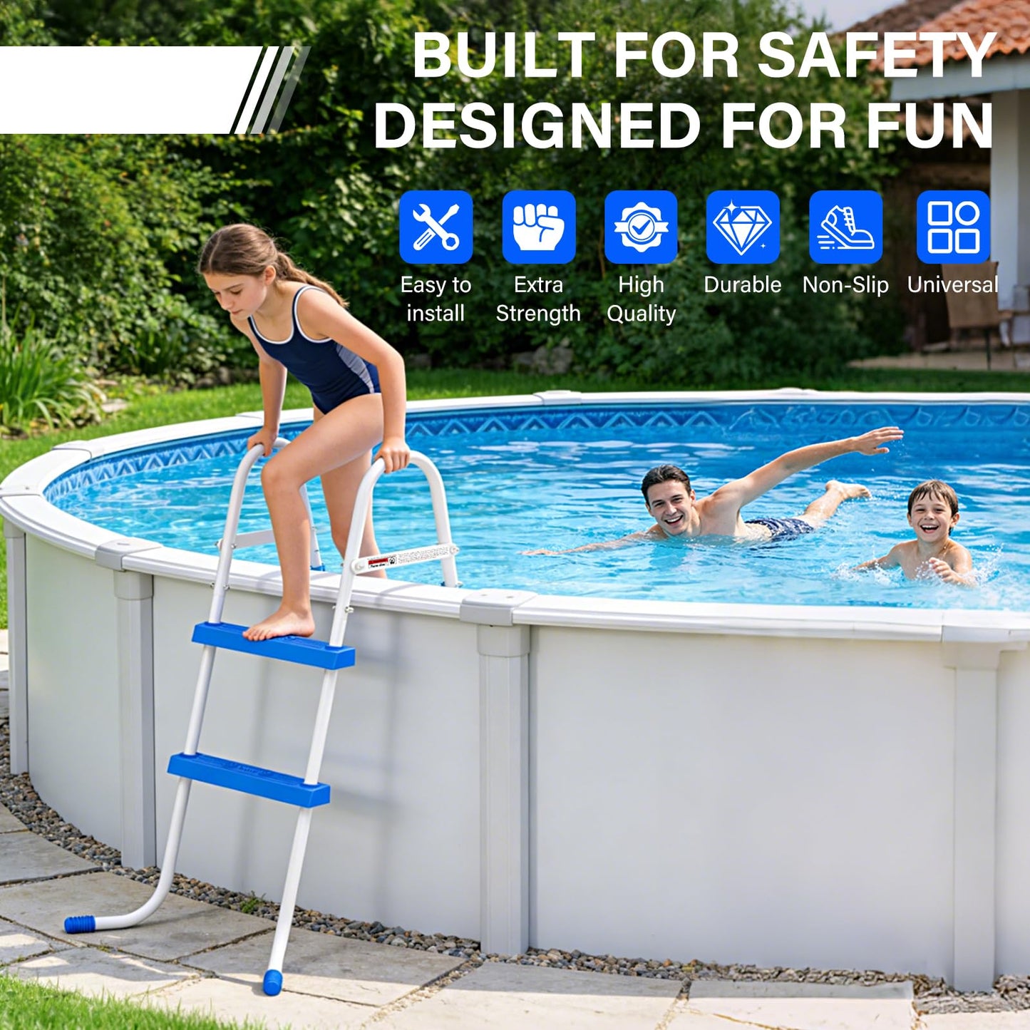 REGMICS Heavy Duty Steel Frame Swimming Pool Ladder for Above Ground Pools, 2-Step Double-Sided Pool Stairs for 33.5" Height Pools, 450lbs Capacity with Anti-Slip Rubber Feet & Wide Steps