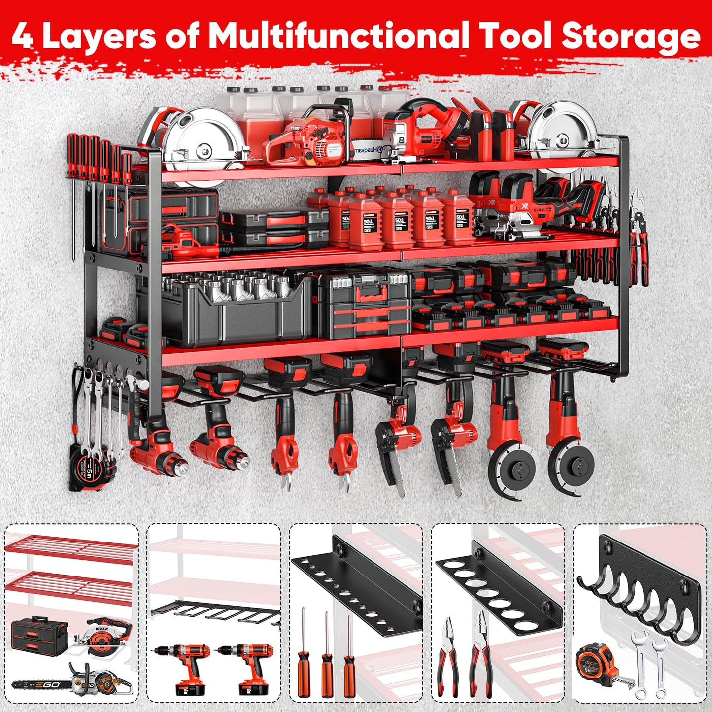 POKIPO Upgrade Large power tool organizer Wall Mount,4 Layers Heavy Duty Metal Loads 400lbs Power Tool Hanger Shelf Battery Storage with 8 Cordless Drill Bit Holder,Utility Racks for Garage Tool Room