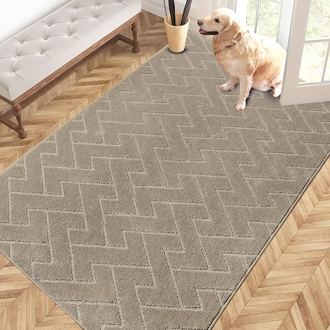 PURRUGS Easy Care Area Rug 4ft x 6ft, Non-Slip Machine Washable Entry Rug, Dog Door Mat, Stain Resistant Accent Rug for Hallway, Bedroom, Living Room and Mudroom, Taupe