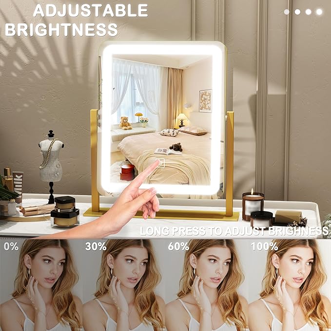 ROLOVE Vanity Mirror with Lights, 12.6"×15" LED Makeup Mirror, Lighted Makeup Mirror with Lights, Smart Touch Control Dimmable 3 Modes Light, Lighted Up Mirror for Makeup Desk, Gold