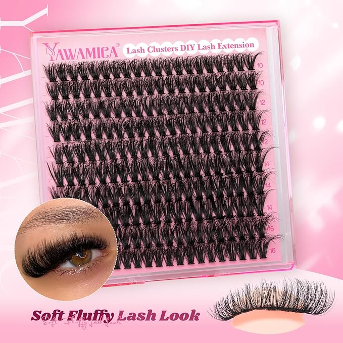 Yawamica Natural Fluffy Lash Clusters 50D Volume Eyelash Clusters 10-16mm Wispy Cluster Eyelash Extensions D Curl Individual Lashes with Thin Band DIY Lash Extension for Beginners