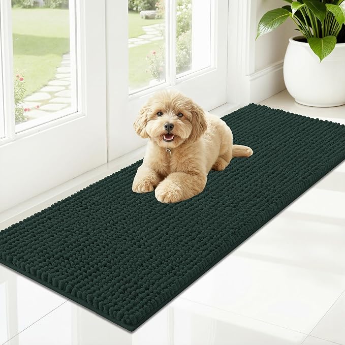 OLANLY Dog Door Mat for Muddy Paws 47x17, Ultra Absorbent Chenille Mud Doormat, Non-Slip Washable and Dirt Trapping Doormat for Indoor Entryway, Quick-Dry Indoor Pet Bed Mats for Dogs, Blackish Green
