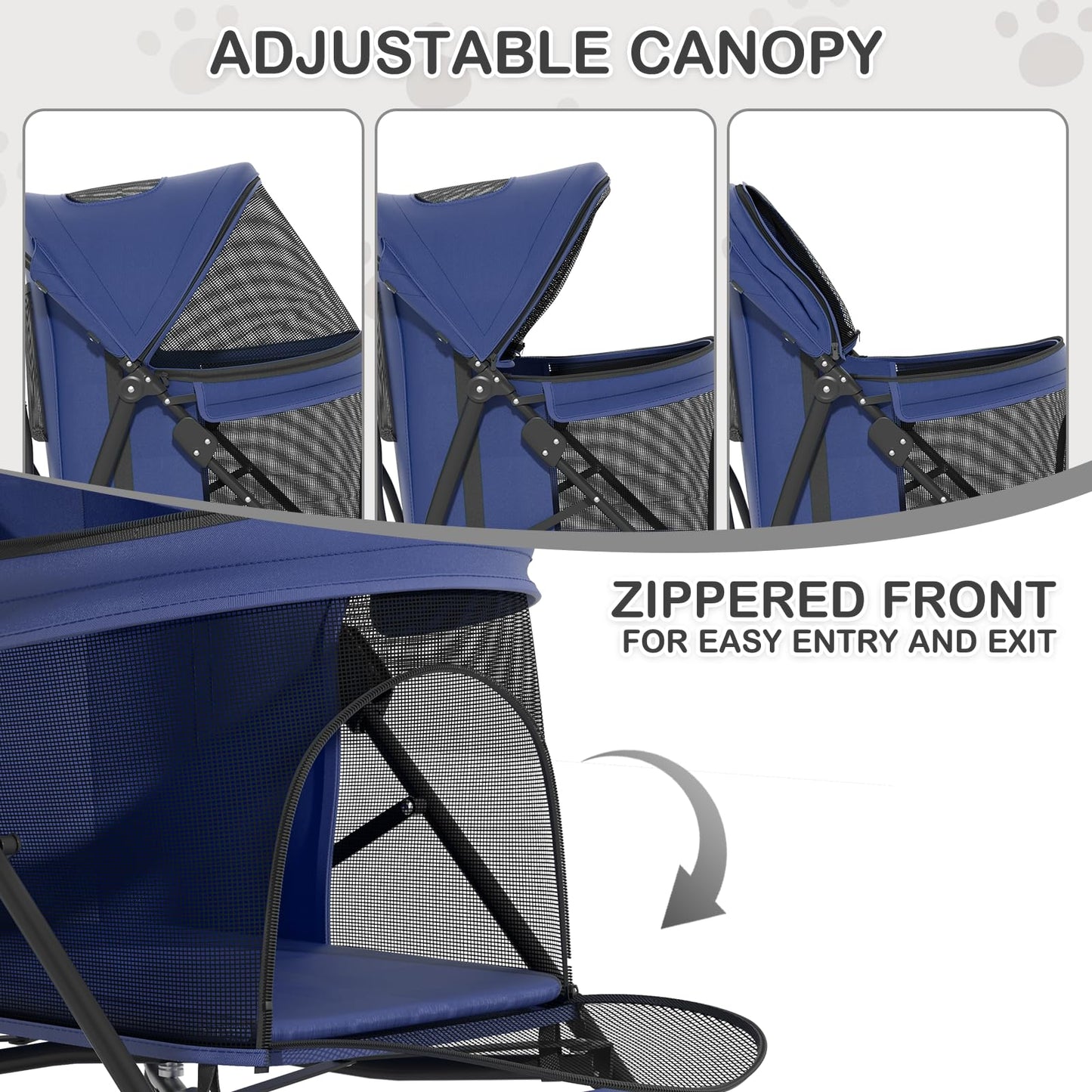 MoNiBloom 4 Wheels Pet Stroller, Easy-Fold Puppy Cage Jogger Stroller with Sun Cover, Pad and Rear Storage Bag, Breathable and Visible Mesh for Small/Medium Pets up to 22 lbs, Navy Blue