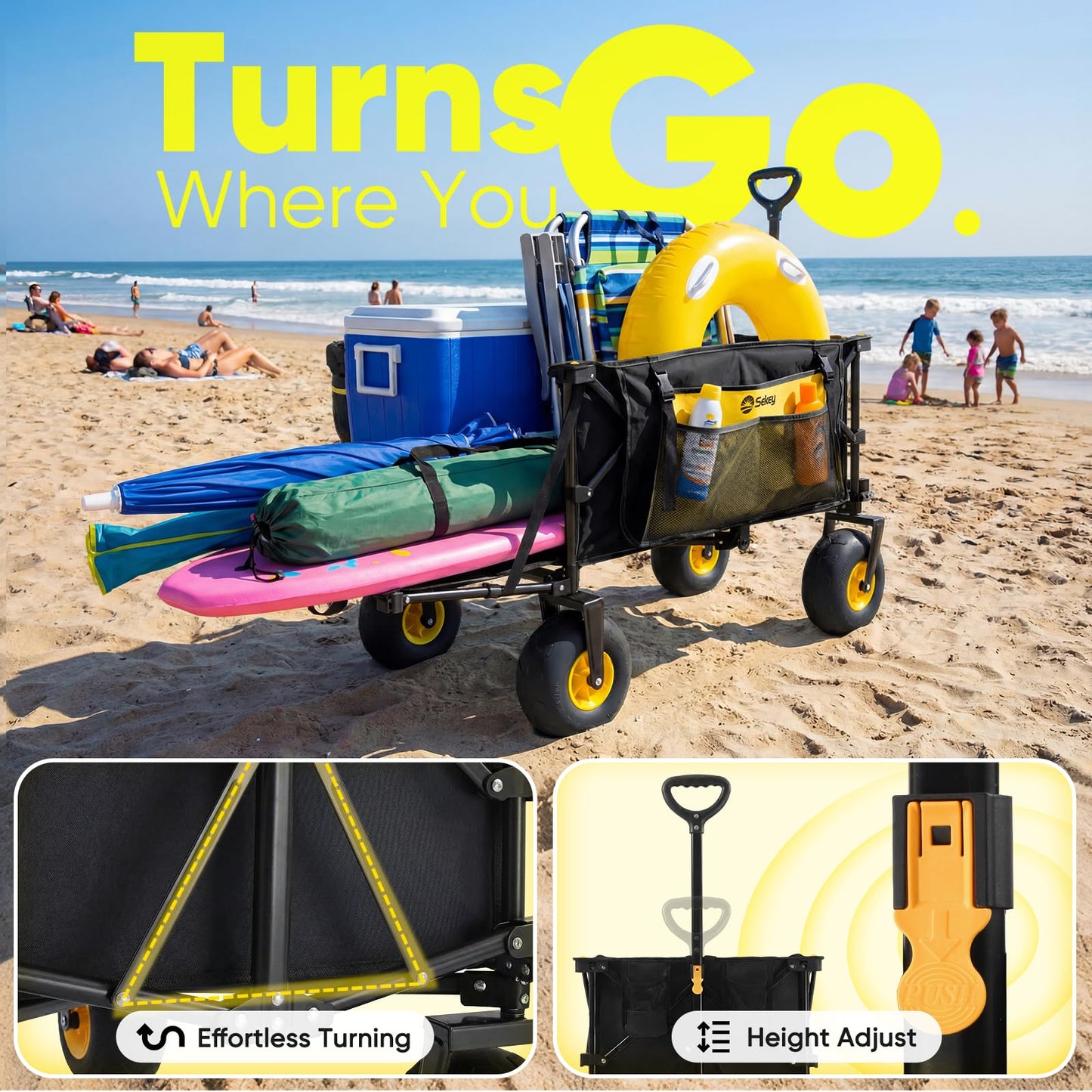 Sekey Heavy Duty Beach Wagon with 9" Big Sand-Proof Wheels, 300L Oversized Foldable Beach Cart with Cooler| Adjustable Handle & Balloon Tires for Sand, Camping,Vacation