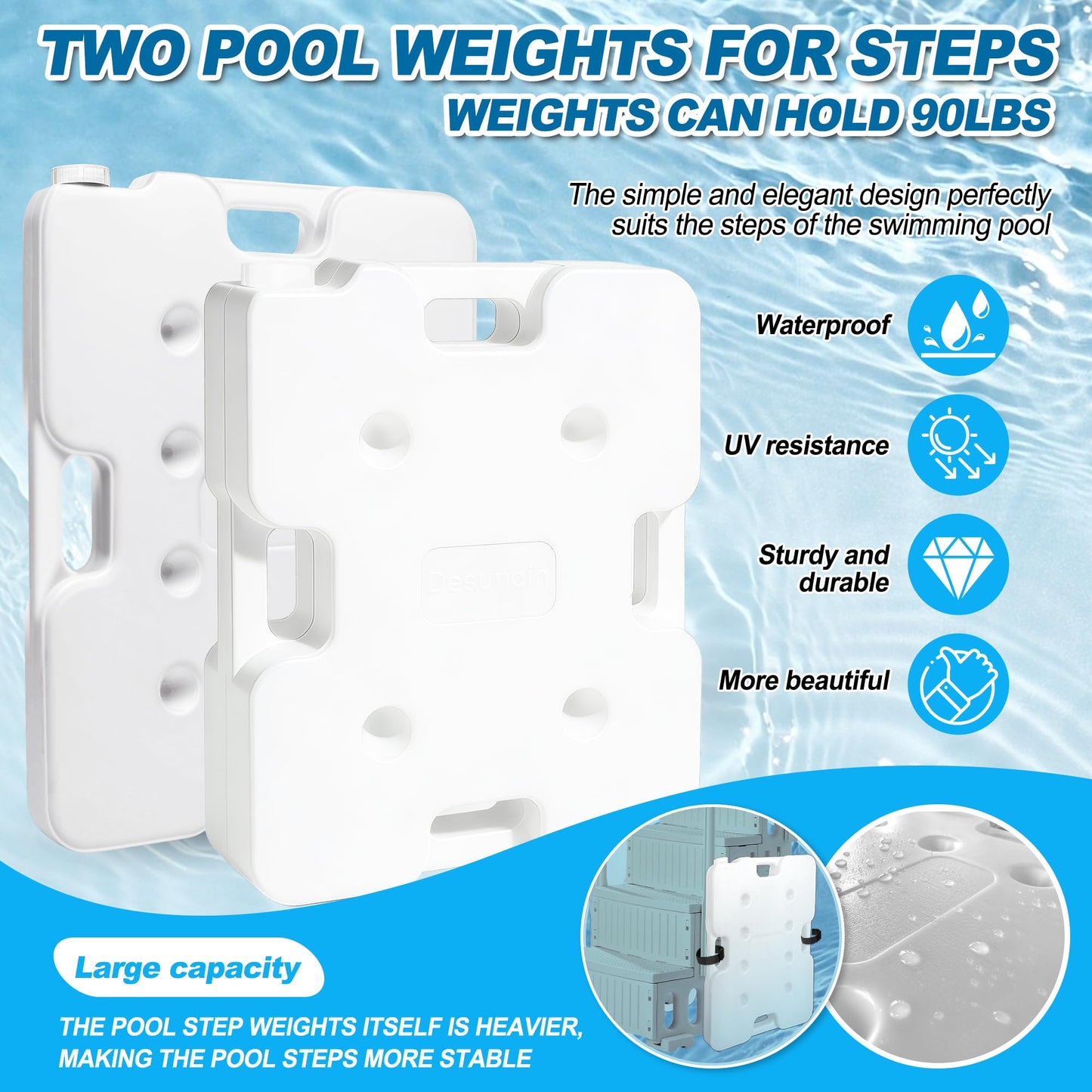 Desunqin 2 Pack 48lbs Heavy Duty Pool Ladder Weights, HDPE Waterproof Swimming Pool Ladder Weights for Steps, Pool Step Weights for Above & Underground Ground Pools (12.8" x 16.7")