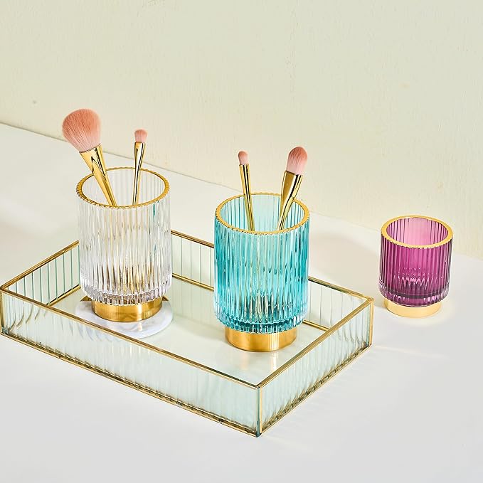 Makeup Brush Holder Organizer,Toothbrush Holders,Desk Pen Pencil Holder,Multifunctional Vintage Glass Brush Cup（L/White/A3-9-US）