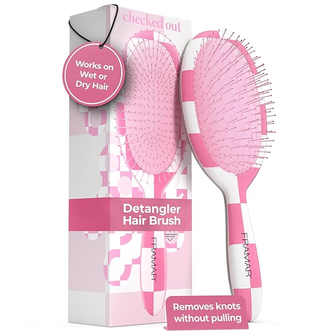 FRAMAR Checkered Hair Brush Detangler – Wet Hair Brushes For Women, Womens Hair Brush, Hair Accessories, Hairbrush For Women, Cepillos Para Cabello, Reduces Breakage – Detangle Brush - Pink