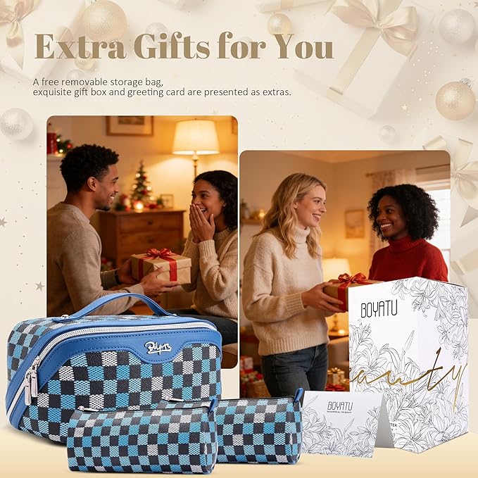 BOYATU Travel Makeup Bag Organizer Cosmetic Bag: 3 Pcs Set Make up Bags for Women with Handle - Waterproof Vegan Leather Toiletry Bag (01-H-Blue)