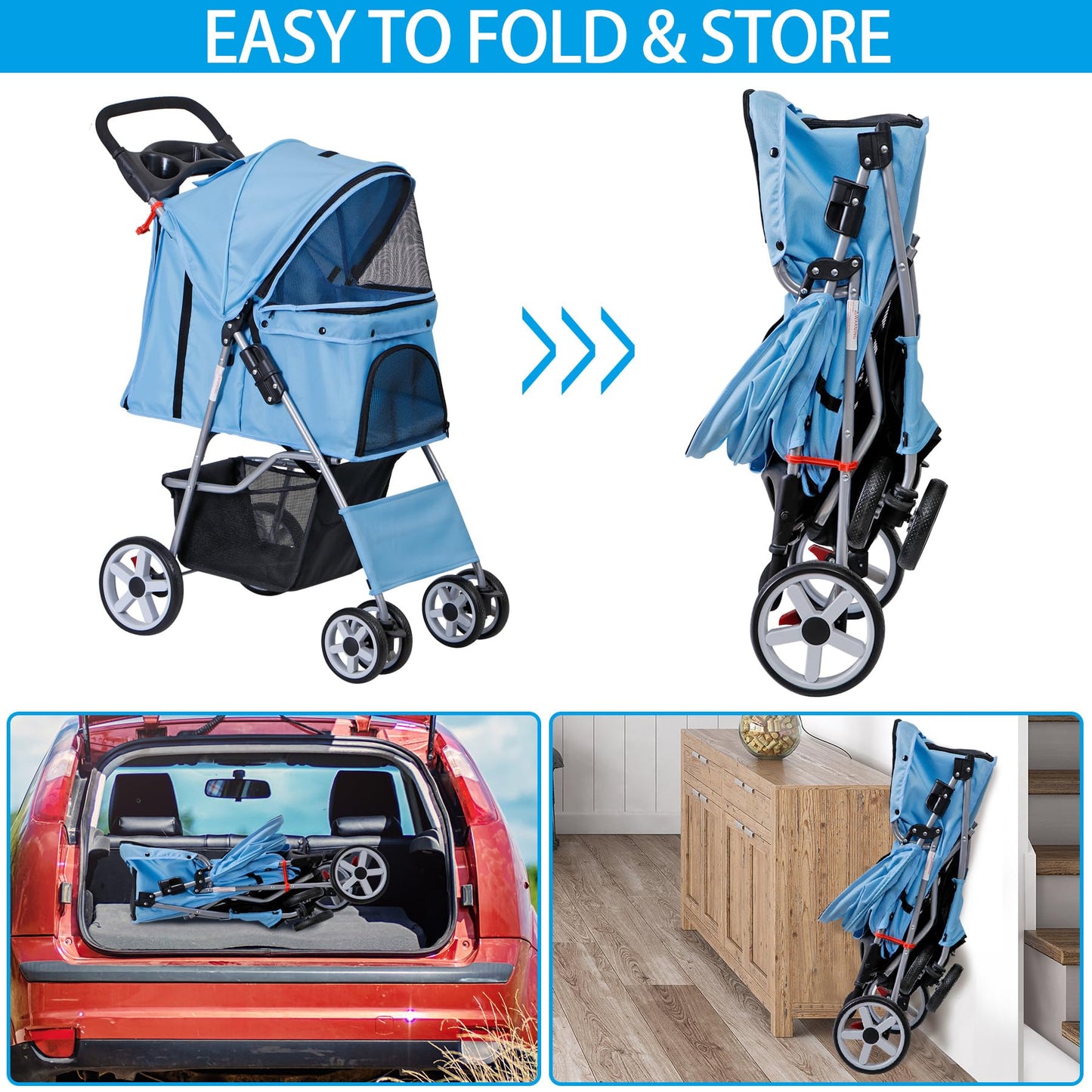 LEMY Pet Stroller,4 Wheels Dog Cat Stroller for Small Medium Dog Cats Carrier Jogger Travel Foldable Puppy with Storage Basket and Cup Holder(Blue)