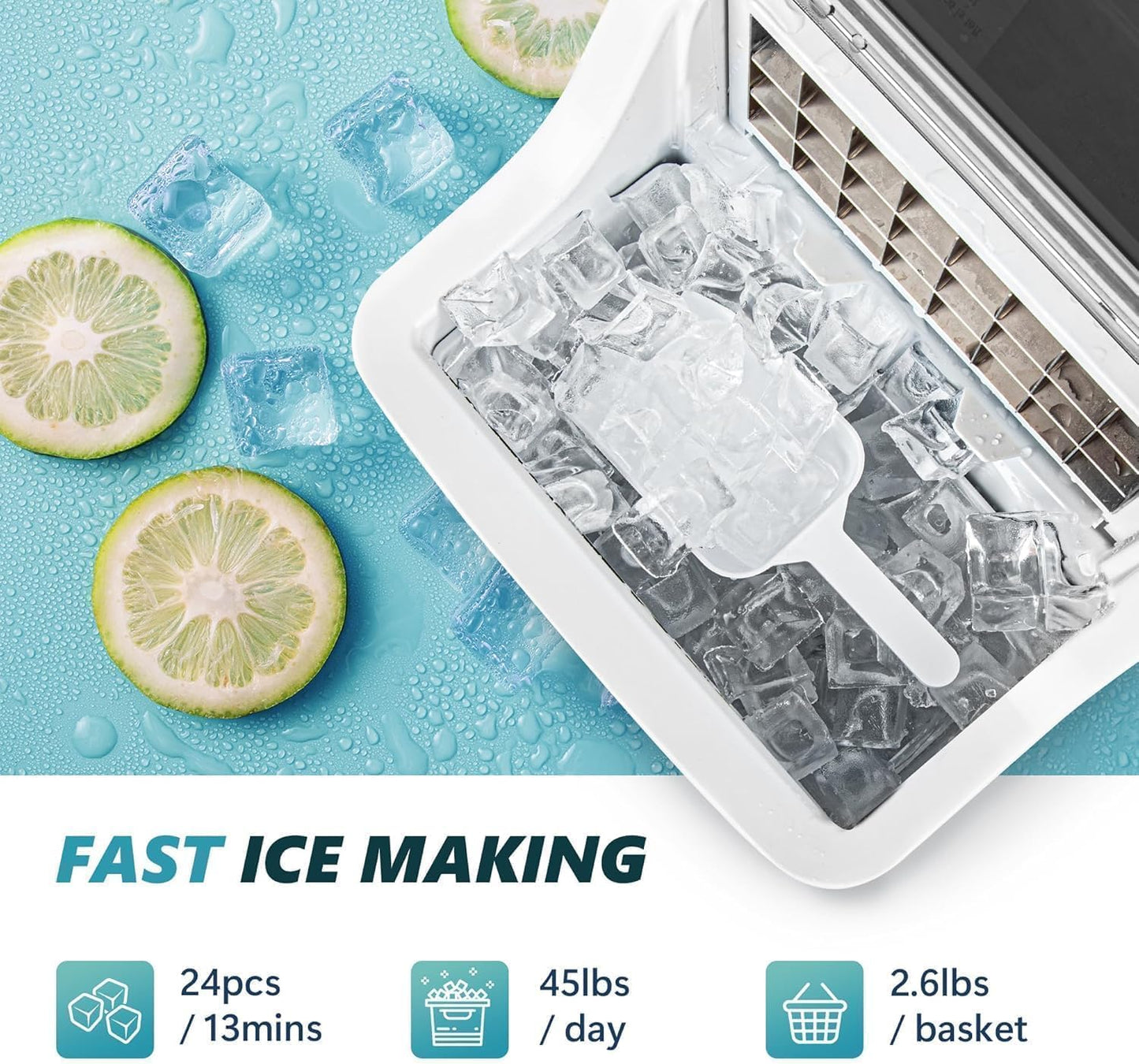 EUHOMY Ice Cube Maker Machine Countertop, 2 Ways to Add Water, 45Lbs/Day 24 Pcs Ready in 13 Mins, Auto-Cleaning Portable Compact, with Ice Scoop & Basket, Perfect for Home/Kitchen/Office/Bar (Silver)