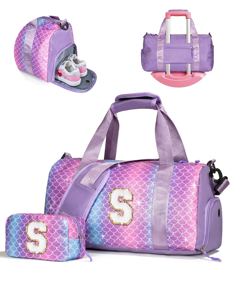 Vogewood Camp Stuff for Girls Kids-Girl Gym Bag with Shoe Compartment, Kid Personalized Weekender Overnight Bags, Initial Travel Tote with Makeup Pouch, Valentines Day Gift for Girls (Letter R)