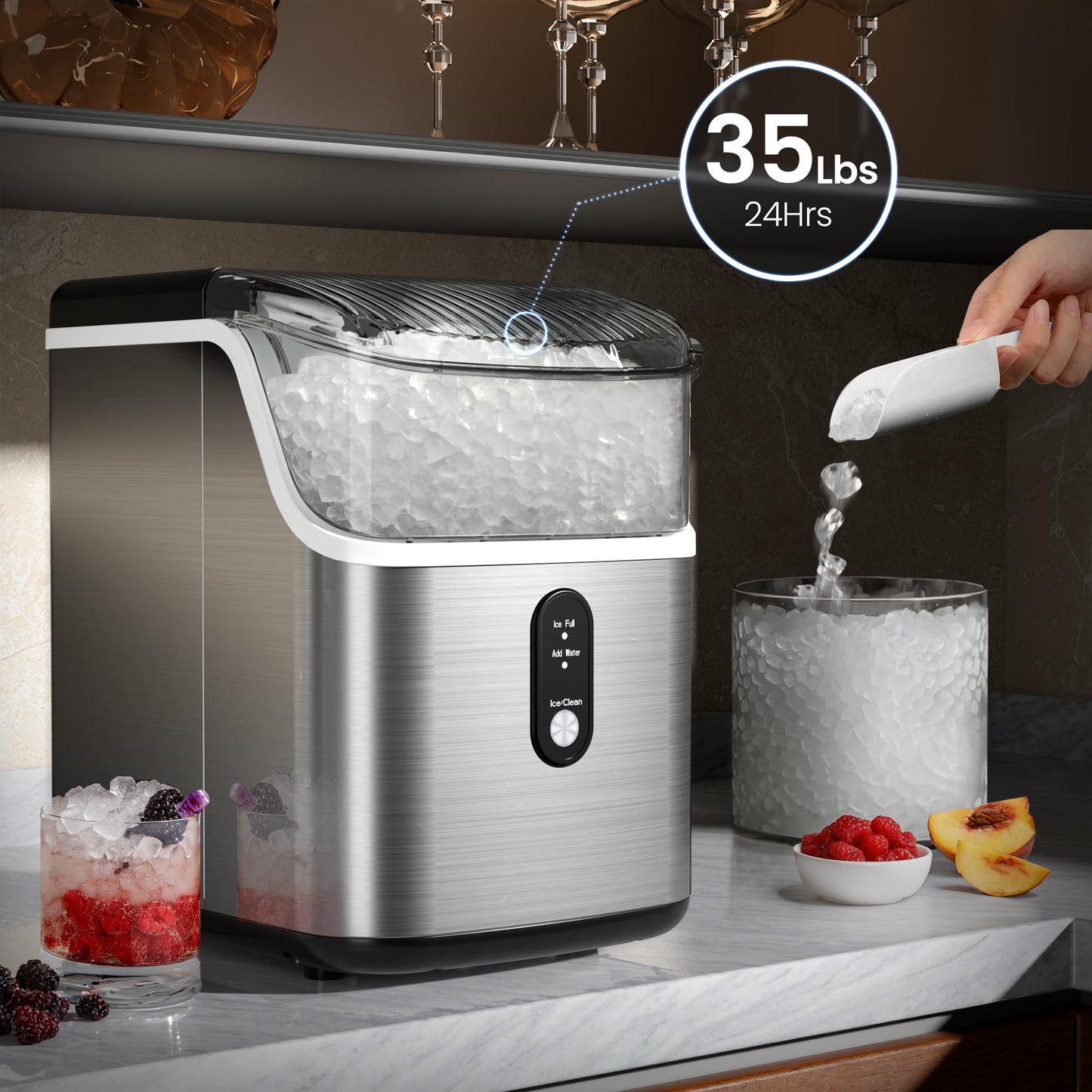 Kismile Nugget Ice Makers Countertop,Pebble Ice Maker Machine with Chewable Ice, 35lbs/Day,One-Click Operation,Self-Cleaning,Pellet Ice Maker Countertop for Home/Kitchen/Office