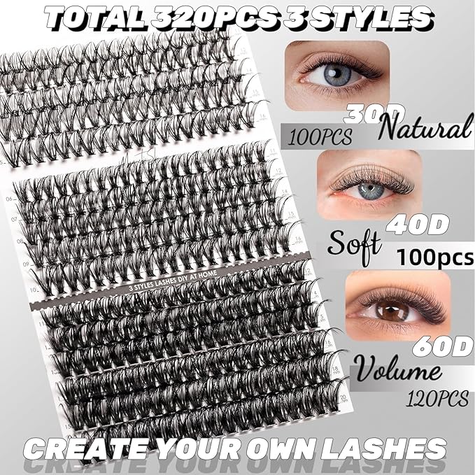 Lash Clusters 320pcs Individual Lashes 30D&40D&60D DIY Lash Extensions Lash Clusters False Eyelashes Natural Look 11-20mm Mix Cluster Eyelash Extensions EASY TO USE (30D+40D+60D-0.07D)