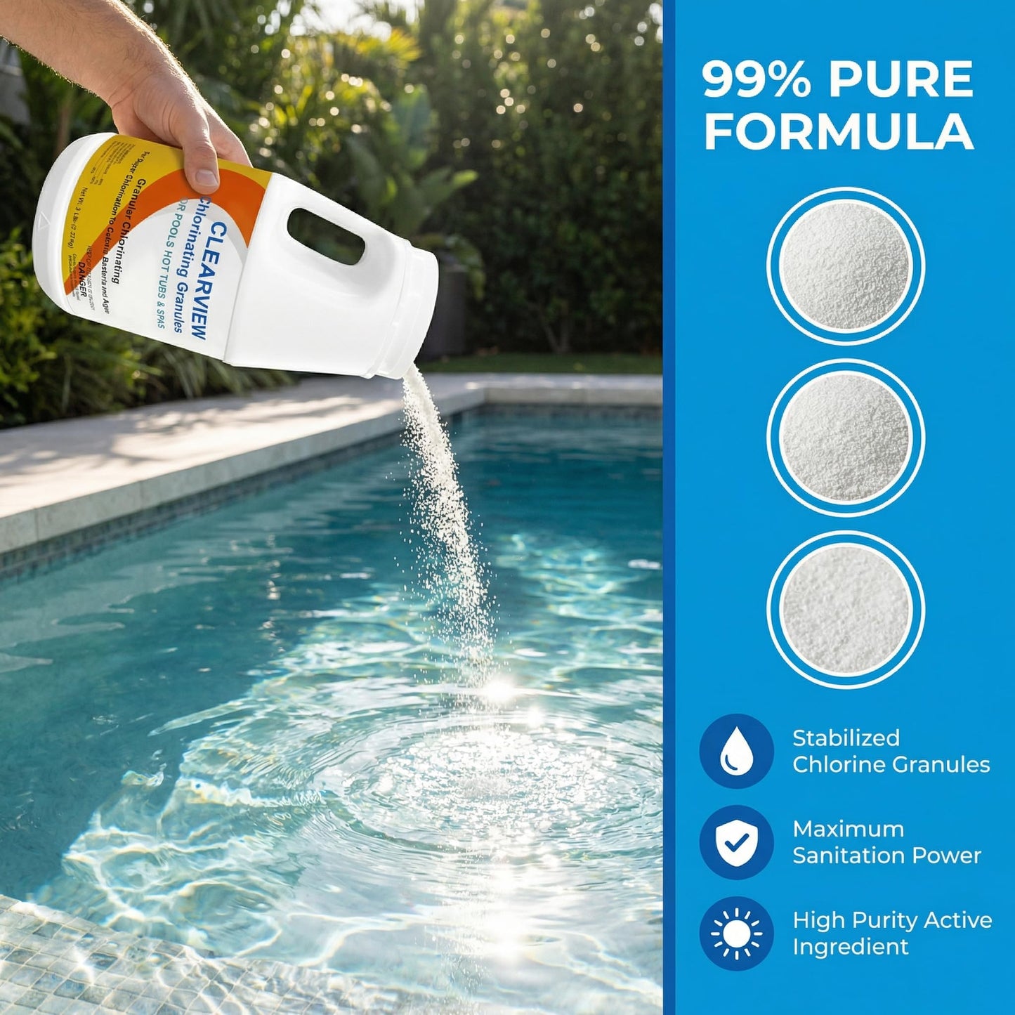 ClearView Chlorine Granules 5 Lbs for Swimming Pools, Pool Chlorine Shock Granular Sanitizer for Spas, Fast Dissolving Chlorinating Granules for Hot Tubs
