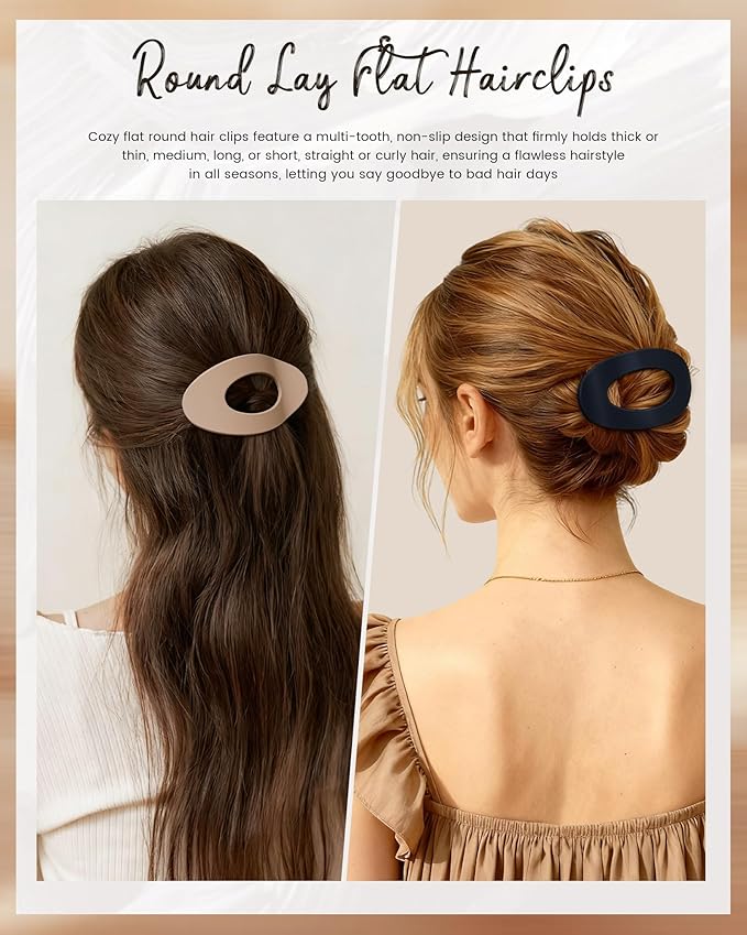 Mesovor 6 Pack Flat Hair Claw Clips, 4.33" Nonslip Large Round Lay Flat Hair Clips | Strong Hold French Flat Hairclips for Lying Down, Yoga, Driving (Neutral Matte)