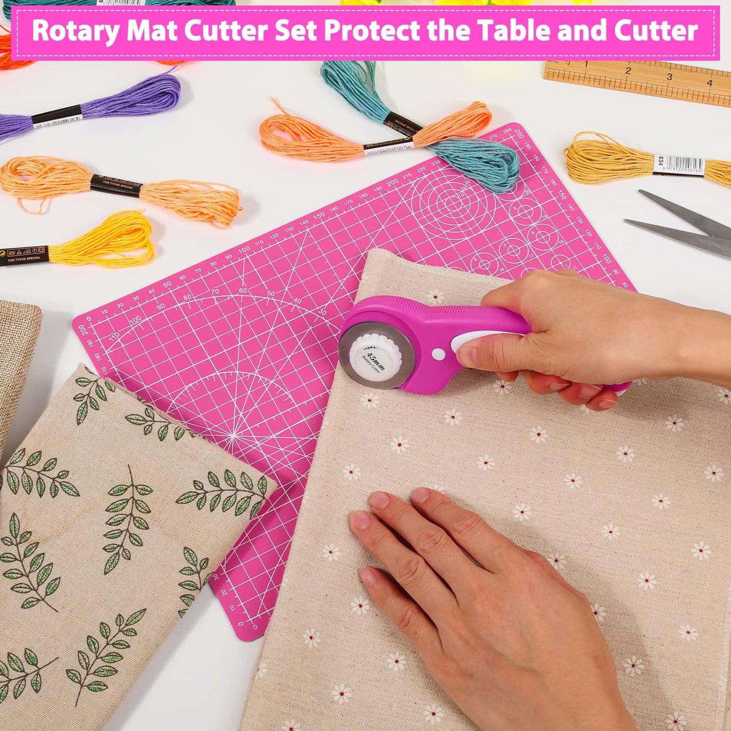 Rotary Cutter and Mat Set, Audab Self Healing Sewing Mats Shirt Cutter 45mm Fabric Cutter Wheel with 2 Blades Rotary Cutting Mat for Crafts Fabric Quilting Hobby (9" x 12" (A4)