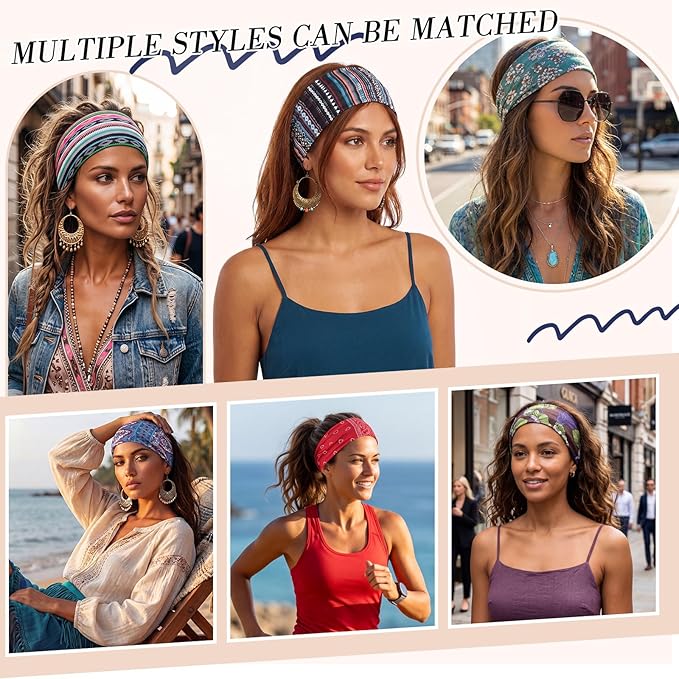 obeoby Sweat-Absorbing Hair Bands, 8 Pack Boho Headbands for Short or Long Hair - Stretchy Great for Yoga, Running, Workout,Hiking Gifts for Women