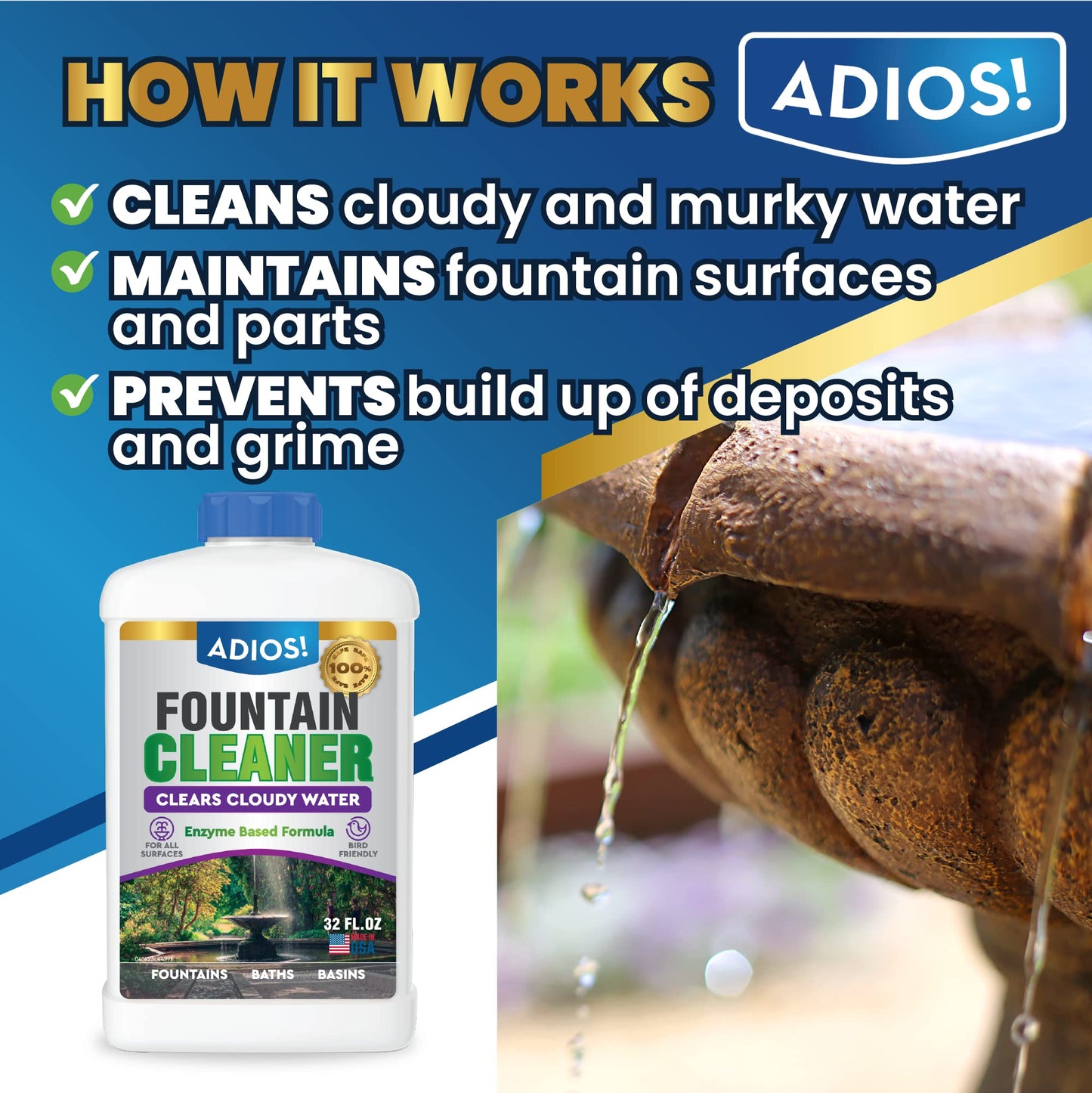 Adios! Fountain Cleaner and Clarifier for Outdoor and Indoor Fountains – Safe for Plastic, Metal, Glass and Stone (32oz)