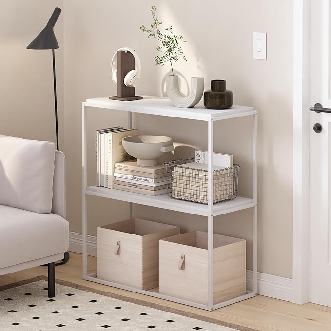 Furinno Moretti Modern Storage Shelves, 2-Tier Wide Stackable Book Shelf, Open Shelves, for Organization and Storage, Living Room, Garage, Home Office, Solid White