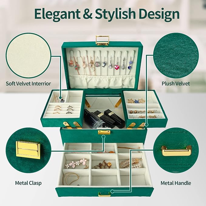Dajasan Jewelry Organizer Box, Large Velvet Jewelry Boxes for Women Girls, Space-Saving 3 Layers Jewelry Storage Case with Drawer, Movable Metal Stand, Modern, Gift Idea (Green)