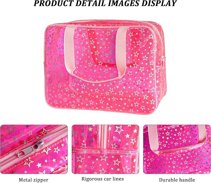 Clear Star Large Cosmetic Bag and Travel Pouch with Handle,Durable Material,Zipper Design-Ideal for Makeup,Travel Essentials (Pink+Shiny Star)