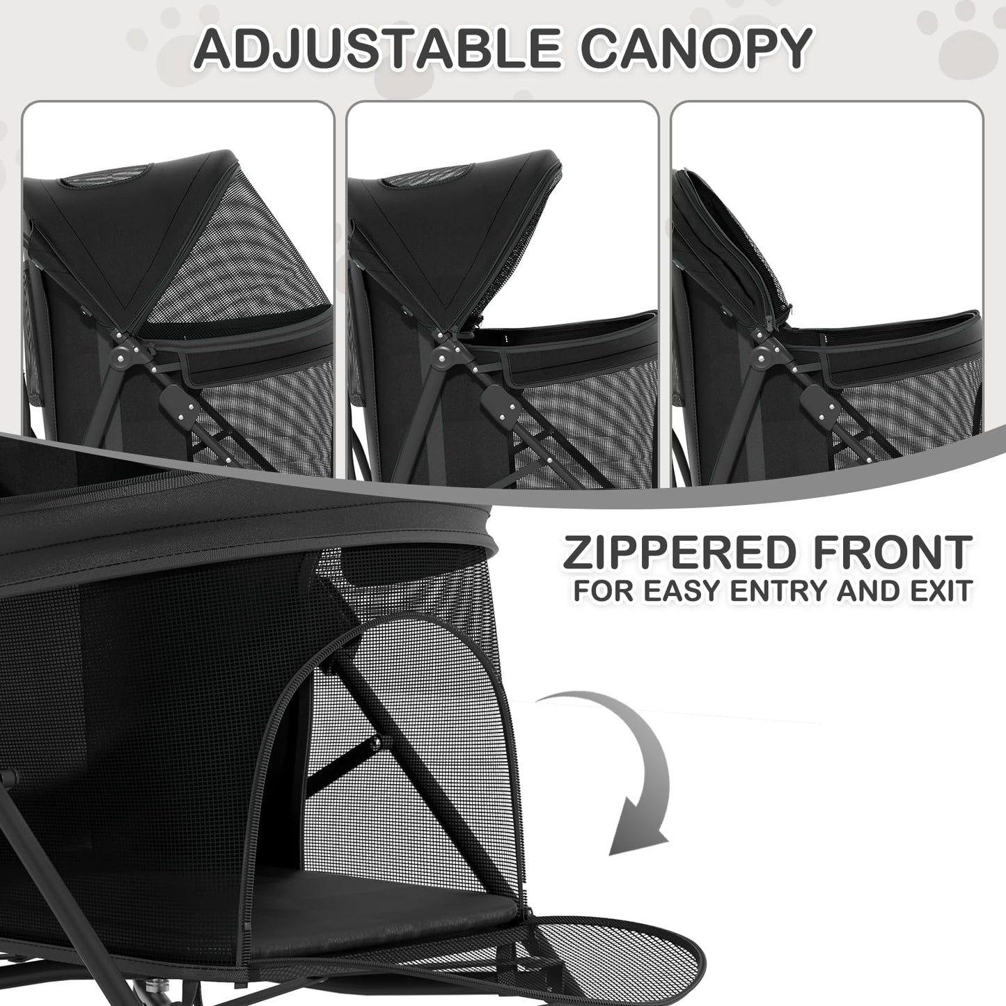 MoNiBloom 4 Wheels Pet Stroller, Easy-Fold Puppy Cage Jogger Stroller with Sun Cover, Pad and Rear Storage Bag, Breathable and Visible Mesh for Small/Medium Pets up to 22 lbs, Black