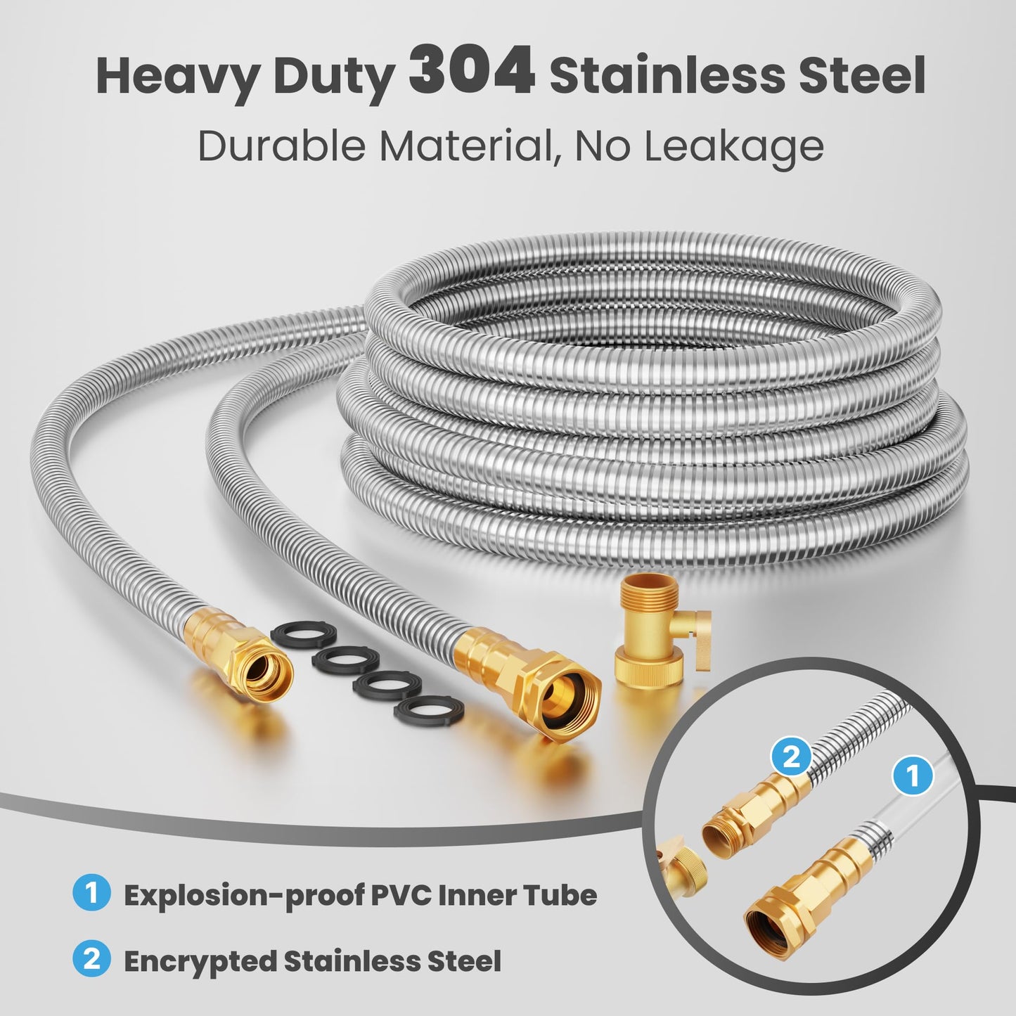 Giraffe Tools Garden Hose 50ft x 5/8", 304 Stainless Steel Metal Water Hose, No Kink Garden Water Hose with 9 Pattern Spray Nozzle, Flexible, Lightweight, Kink Free Hose for Yard, Outdoor