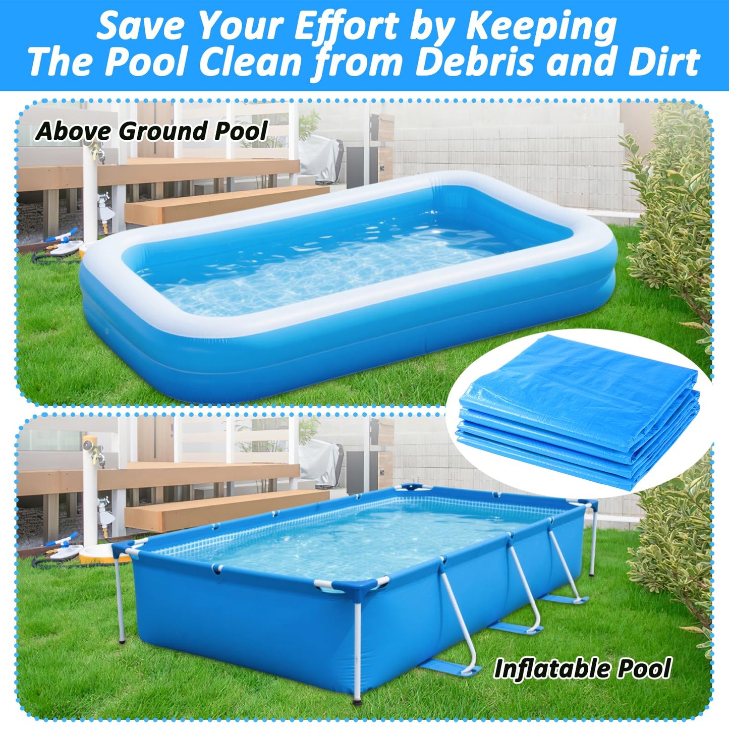 6.7 × 10 FT Rectangular Pool Cover,Inflatable Swimming Pool Cover Fits Under 120"x80" Above Ground Pools,Rectangle Above Ground Swimming Pool Cover with Adjustable Drawstring