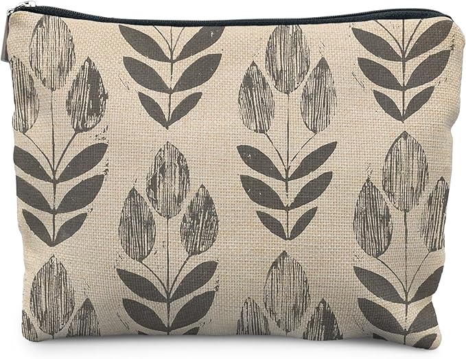 Vintage Boho Beige Floral Makeup Bag, Modern Farmhouse Green Tulip Flower Cosmetic Bags for Women, Contemporary Leaf Botanical Zipper Makeup Pouch