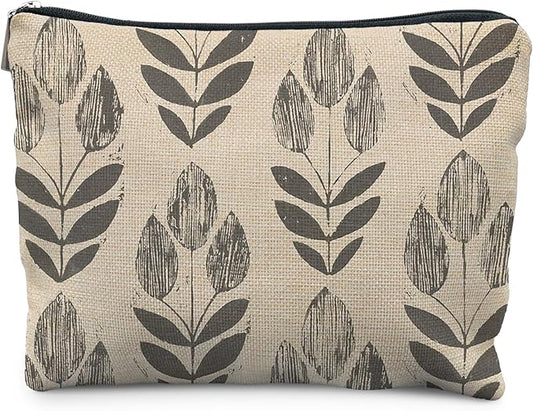 Vintage Boho Beige Floral Makeup Bag, Modern Farmhouse Green Tulip Flower Cosmetic Bags for Women, Contemporary Leaf Botanical Zipper Makeup Pouch