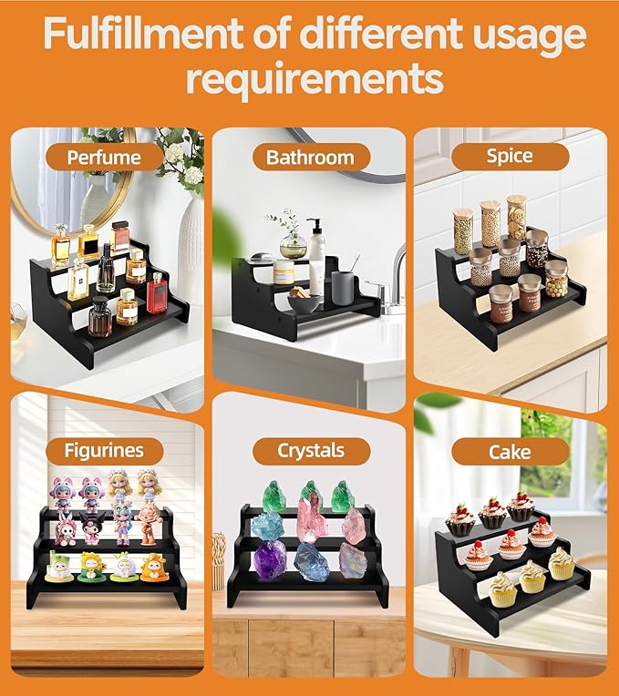 Wooden Cologne Organizer for Men, Perfume Organizer Stand, Cologne Stand with Anti-Slip Washers, Wooden Display Risers Stand for Dessert, Cupcake, Black, 3-tier-11.8in