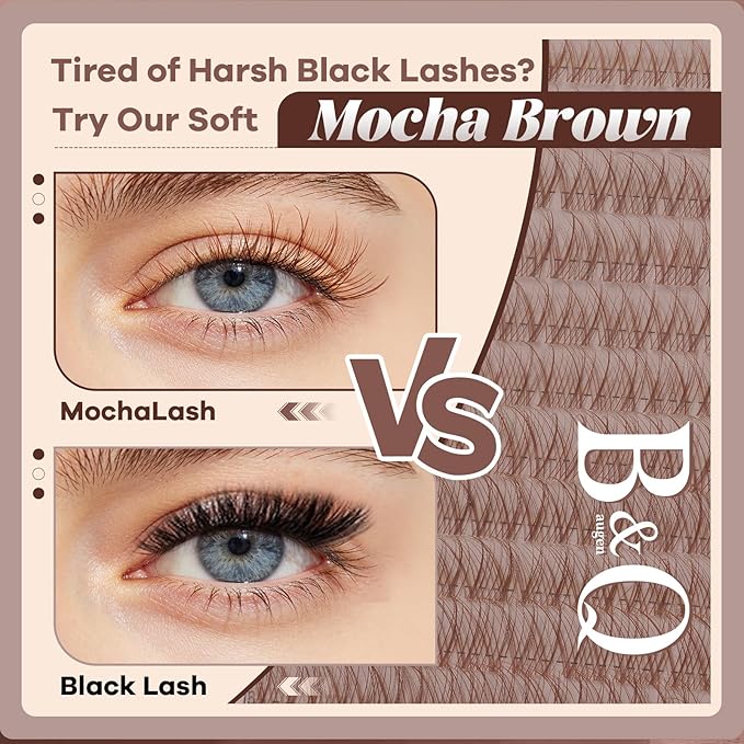 B&Q Brown Lash Clusters Kit Natural Mochalash Clusters 01, Brown Eyelash Clusters Kit C-Curl Cluster Eyelash Extensions 8-16mm Wispy Lash Eyelashes Kit for Fair/Dark Hair(Mochalash 01 Set)