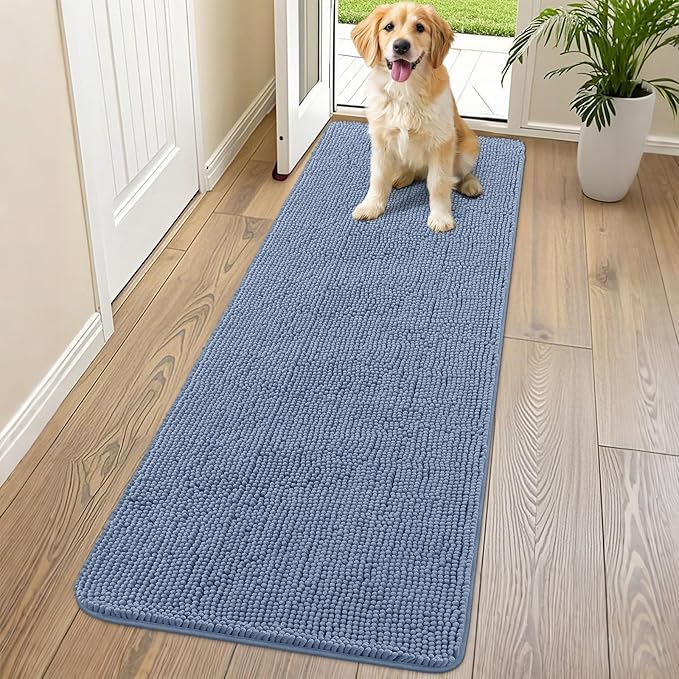 Smiry Dog Door Mat for Muddy Paws 70x24, Absorbs Moisture and Dirt Doormat, Non-Slip Washable Quick Dry Chenille Front Door Mat Indoor Entrance, Entryway Carpet for Inside Floor, Airy Blue